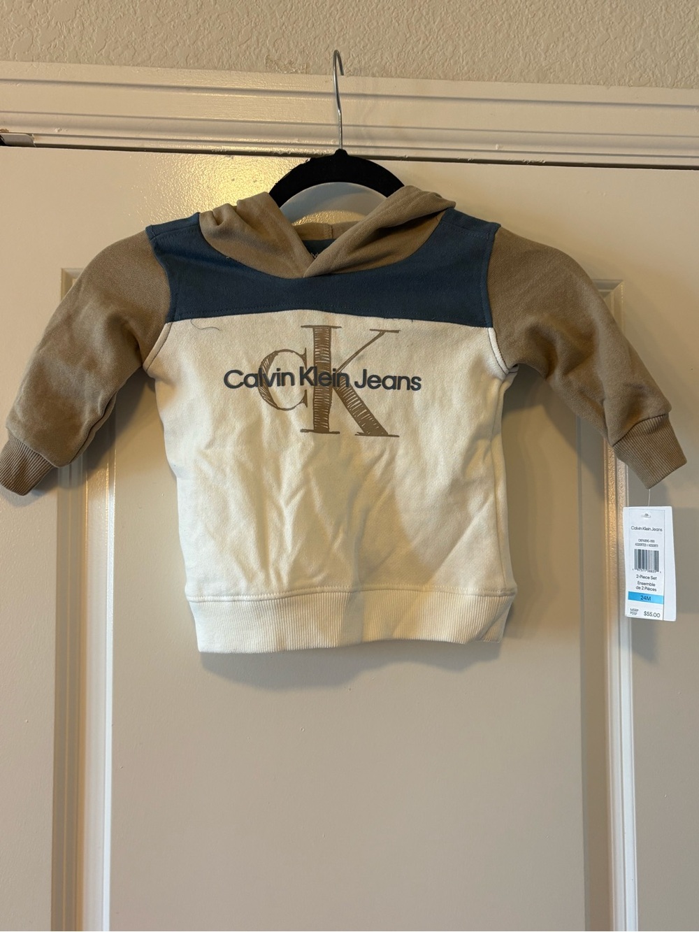 Calvin Klein Colorblock Hoodie in Cream, Tan & Blue
